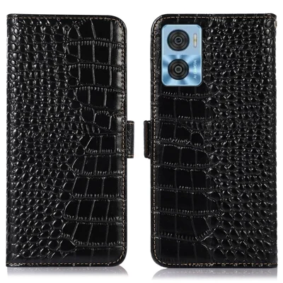 For Motorola Moto E22 4G / E22i 4G Genuine Cowhide Leather Flip Folio Case RFID Blocking Stand Crocodile Texture Wallet Phone Cover - Black
