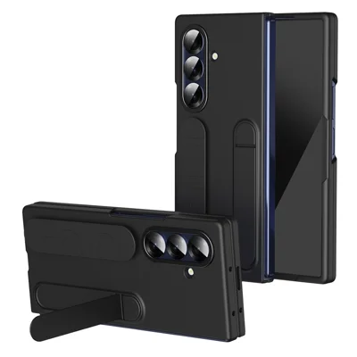 Fodral för Samsung Galaxy Z Fold7 5G med biktglasfilm, kickstand och handledsband, PC + silikon, svart