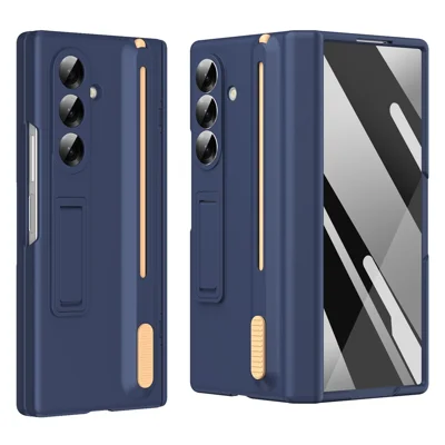 For Samsung Galaxy Z Fold7 5G Kickstand Phone Case with Tempered Glass Screen Protector and Stylus Pen - Sapphire