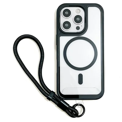 Voor iPhone 16 Pro Max hoesje Magnetisch hoesje met bandje PC + TPU Stootvaste telefoonhoes - Zwart