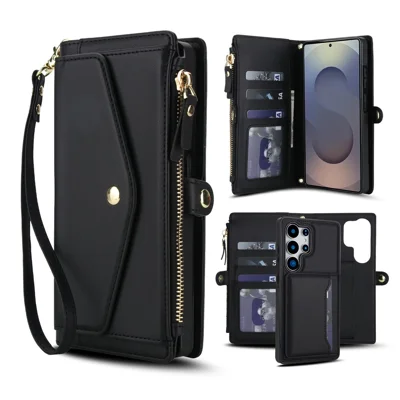For Samsung Galaxy S24 Ultra Wallet Case Magnetic Detachable PU Leather Phone Cover with 2 Straps - Black