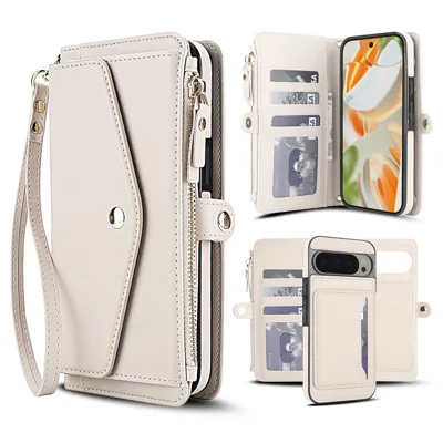 For Google Pixel 9 Pro XL Wallet Case Magnetic Detachable PU Leather Phone Cover with 2 Straps - White