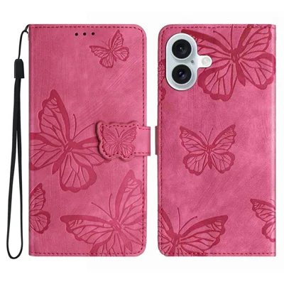 For iPhone 17 Case Butterfly Design Flip Wallet Leather Phone Cover Skin-Touch - Rose