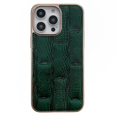 Genuine Cowhide Leather+PC+TPU Anti-scratch Phone Case for iPhone 13 Pro Max 6.7 inch Nano Electroplating Mahjong Texture Cell Phone Back Cover - Green