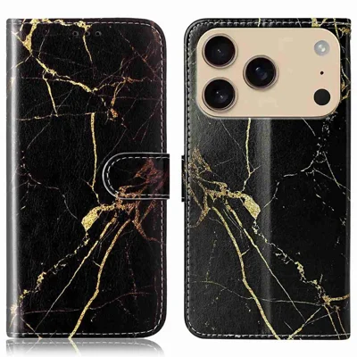 For iPhone 17 Pro Max Stand Case Marmor Malet Folio Flip Læder Wallet Telefondækning - Sort Guld Marmor