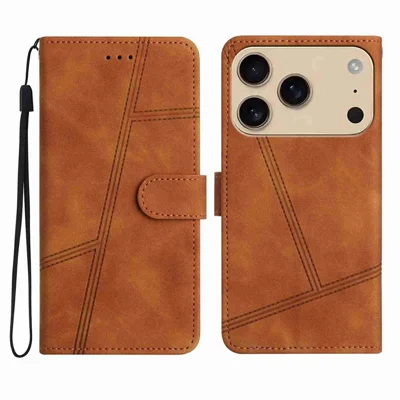 Flip-taske til iPhone 17 Pro Max i læder med retrolook, imponeret med linjer - Brun