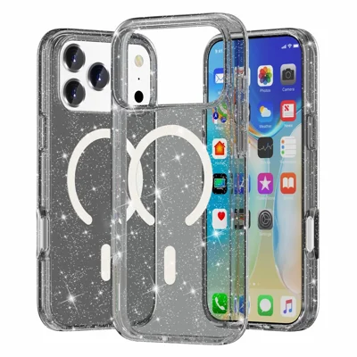 For iPhone 17 Pro Case Compatibel met MagSafe Glitterpoeder PC + TPU Telefoonhoes - Zwart