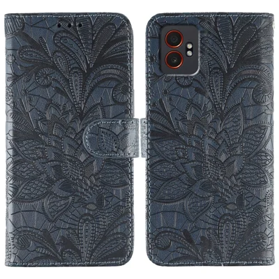 For Samsung Galaxy XCover7 Pro Case Lace Flowers PU Leather Flip Wallet Phone Cover with Wrist Strap - Dark Blue