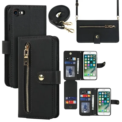 Stand Case for iPhone SE (2022) / (2020) / 8 / 7 PU Leather Phone Cover with Straps / Zipper Wallet / Multiple Card Slots - Black
