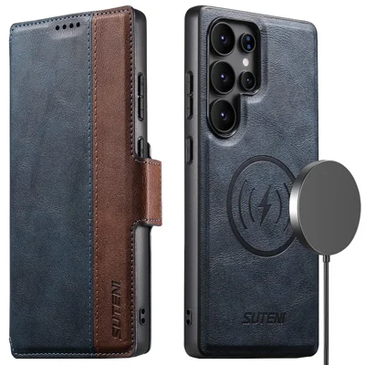 SUTENI Q-07 For Samsung Galaxy S23 Ultra Case Magnetic Color Splicing Cowhide Texture Leather Cover - Blue