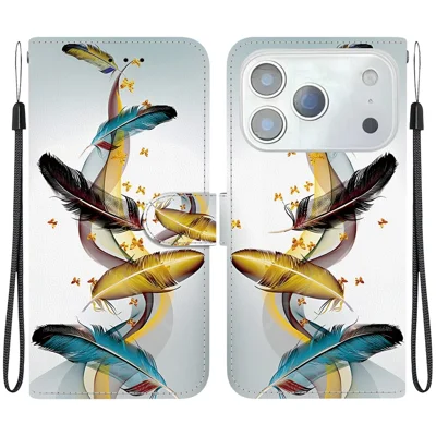Til iPhone 17 Pro Max Case Mønsterprint Anti-drop Læder Flip Wallet Telefonbeskyttelse med Lanyard - Gylden Sommerfugl Fjer
