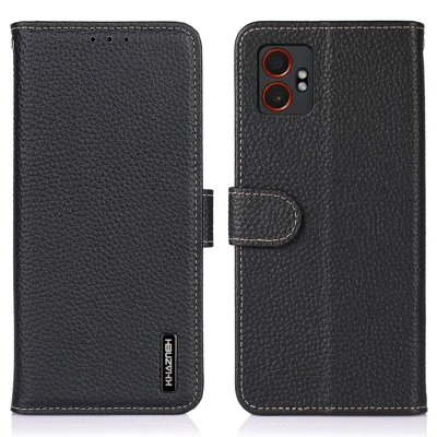 KHAZNEH For Samsung Galaxy XCover7 Pro Case Genuine Cow Leather Flip Phone Cover - Black