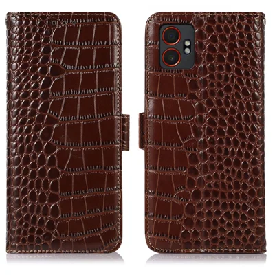 For Samsung Galaxy XCover7 Pro Case Crocodile Texture Genuine Cow Leather Phone Wallet Cover - Brown