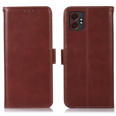 For Samsung Galaxy XCover7 Pro Case RFID Blocking Genuine Cow Leather Wallet Phone Cover - Brown