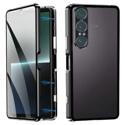 For Sony Xperia 1 VII Case Clear Tempered Glass + Metal + PC Back Magnetic Adsorption Phone Cover - Black