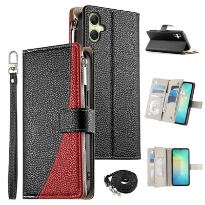 For Samsung Galaxy A06 4G Case Zipper Wallet Color Splicing Leather Flip Phone Cover with Straps - Black