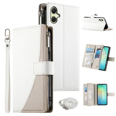 For Samsung Galaxy A06 4G Case Zipper Wallet Color Splicing Leather Flip Phone Cover with Straps - White