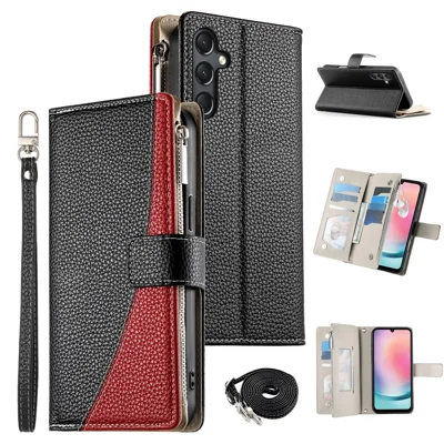 For Samsung Galaxy A24 4G (162.1mm) Case Zipper Wallet Color Splicing Leather Flip Phone Cover with Straps - Black