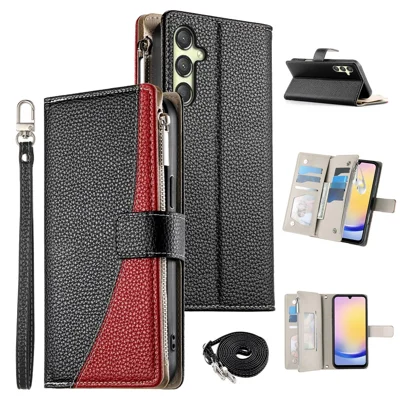 For Samsung Galaxy A25 5G (Global) (161.0mm) Case Zipper Wallet Color Splicing Leather Flip Phone Cover with Straps - Black