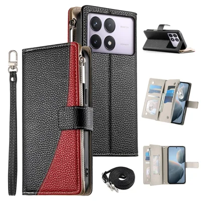 Leather Case For Xiaomi Poco F6 Pro 5G  /  Redmi K70 Pro 5G  /  K70 5G Zipper Wallet Color Splicing Flip Phone Cover with Straps - Black