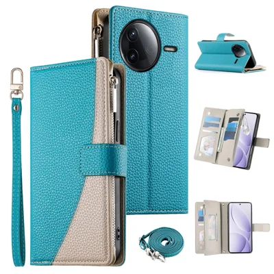 Leather Case For Xiaomi Redmi K80 Pro 5G  /  K80 5G  /  Poco F7 Pro 5G  /  F7 Ultra 5G Zipper Wallet Color Splicing Flip Phone Cover with Straps - Lake Blue