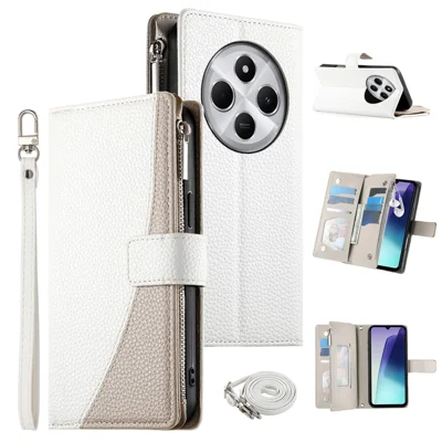 Leather Case For Xiaomi Redmi 17C 4G / 14C 4G  /  14R 5G  /  A3 Pro 4G  /  A4 5G  /  Poco C75 4G Zipper Wallet Color Splicing Flip Phone Cover with Straps - White