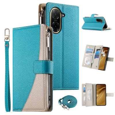 For Xiaomi Redmi A5 4G (171.7mm) / Poco C71 4G Case Zipper Wallet Color Splicing Leather Flip Phone Cover with Straps - Lake Blue