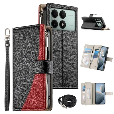 For Xiaomi Redmi K70E 5G  /  Poco X6 Pro 5G Case Zipper Wallet Color Splicing Leather Flip Phone Cover with Straps - Black