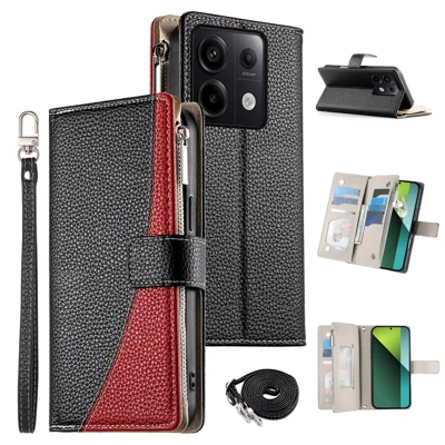 For Xiaomi Redmi Note 13 Pro 5G  /  Poco X6 5G Case Zipper Wallet Color Splicing Leather Flip Phone Cover with Straps - Black