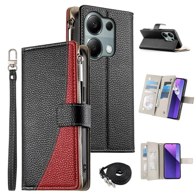 For Xiaomi Redmi Note 13 Pro 4G  /  Poco M6 Pro 4G Case Zipper Wallet Color Splicing Leather Flip Phone Cover with Straps - Black