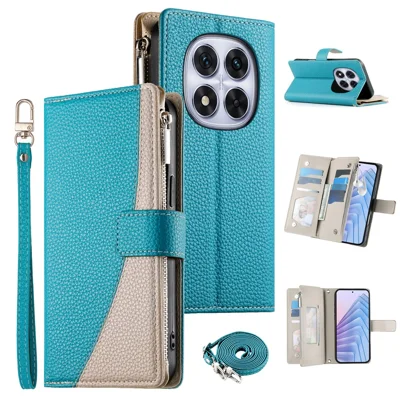 For Xiaomi Redmi Note 14 Pro 5G Case Zipper Wallet Color Splicing Leather Flip Phone Cover with Straps - Lake Blue