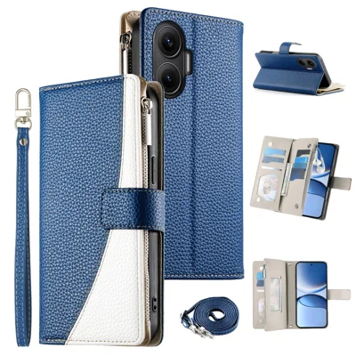 For Xiaomi Poco F7 5G / Redmi Turbo 4 Pro 5G Case Zipper Wallet Color Splicing Leather Flip Phone Cover with Straps - Dark Blue