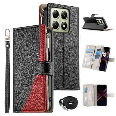 For Realme 14T 5G Case Zipper Wallet Color Splicing Leather Flip Phone Cover with Straps - Black