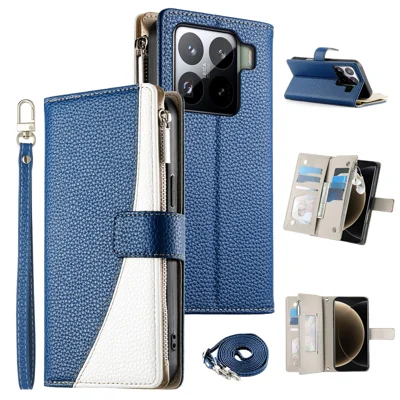 For Xiaomi 15 Pro Case Zipper Wallet Color Splicing Leather Flip Phone Cover with Straps - Dark Blue