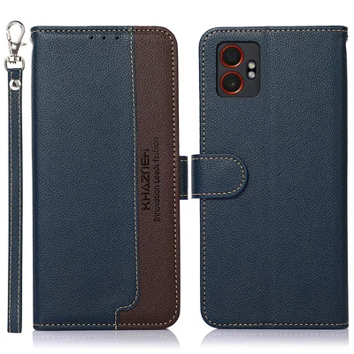KHAZNEH For Samsung Galaxy XCover7 Pro Case RFID Blocking Wallet Litchi Texture PU Leather Phone Cover with Strap - Blue