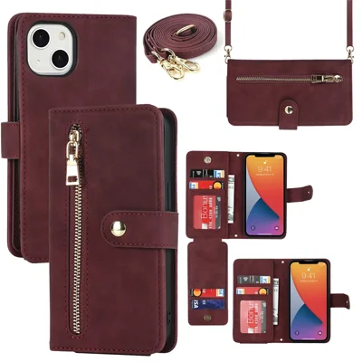 For iPhone 13 mini Stand Case PU Leather Phone Cover with Straps  /  Zipper Wallet  /  Multiple Card Slots - Wine Red