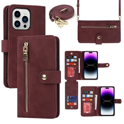 For iPhone 14 Pro Max Stand Case PU Leather Phone Cover with Straps  /  Zipper Wallet  /  Multiple Card Slots - Wine Red