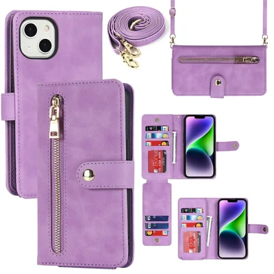 For iPhone 14 Plus Stand Case PU Leather Phone Cover with Straps  /  Zipper Wallet  /  Multiple Card Slots - Light Purple