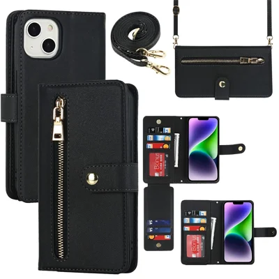 For iPhone 15 Stand Case PU Leather Phone Cover with Straps  /  Zipper Wallet  /  Multiple Card Slots - Black