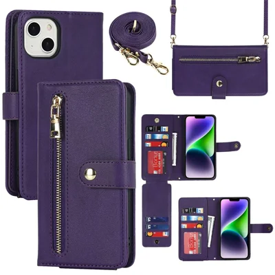 For iPhone 15 Plus Stand Case PU Leather Phone Cover with Straps  /  Zipper Wallet  /  Multiple Card Slots - Purple