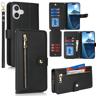 For iPhone 16 Stand Case PU Leather Phone Cover with Straps  /  Zipper Wallet  /  Multiple Card Slots - Black