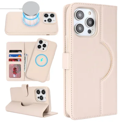 For iPhone 15 Pro Max Wallet Case Compatible with MagSafe Anti-Drop Detachable PU Leather Phone Cover - Beige