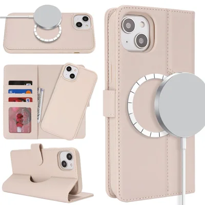 Plånboks hölster till iPhone 15 Plus / 14 Plus, kompatibelt med MagSafe, sliprädd, avtagbart hölster i PU-läder - Beige