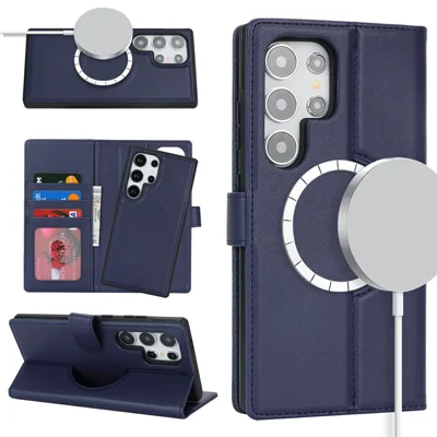 For Samsung Galaxy S24 Ultra Wallet Magnetic Case Anti-Drop Detachable PU Leather Phone Cover - Dark Blue