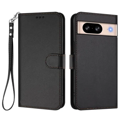 For Google Pixel 8 Leather Case Wallet Stand Phone Cover with Wrist Strap - Black