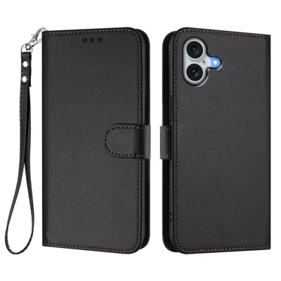 For iPhone 16 Plus Leather Case Wallet Stand Phone Cover with Wrist Strap - Black