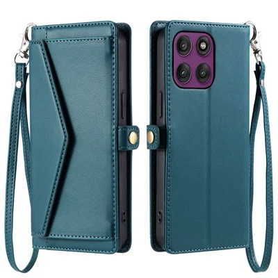 For Motorola Edge 60 Pro 5G Leather Case with Wrist Strap Wallet Stand Phone Cover - Blackish Green