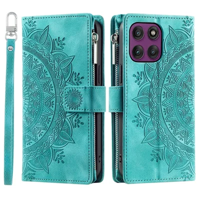 For Motorola Edge 60 Pro 5G Wallet Case Mandala Flower Pattern PU Leather Phone Cover with Wrist Strap - Mint Green