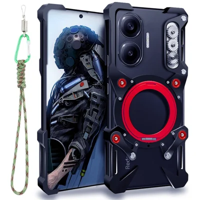 For Xiaomi Poco F7 5G / Redmi Turbo 4 Pro 5G Bumper Case Rotating Kickstand Aluminum Alloy Magnetic Phone Cover with Wrist Strap - Black
