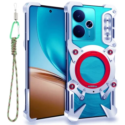 For Realme 14 5G / 14T 5G Bumper Case Kickstand Aluminum Alloy Magnetic Phone Cover with Wrist Strap - Silver